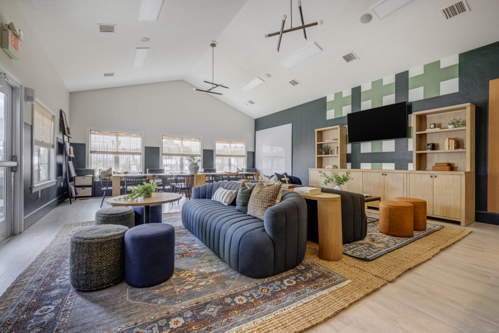 clubhouse lounge with sofas and TV