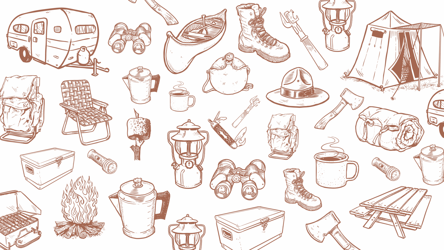 A seamless pattern of hand-drawn camping gear, including tents, boots, backpacks, campfires, axes, mugs, lanterns, canoes, hats, and folding chairs, scattered on a white background.