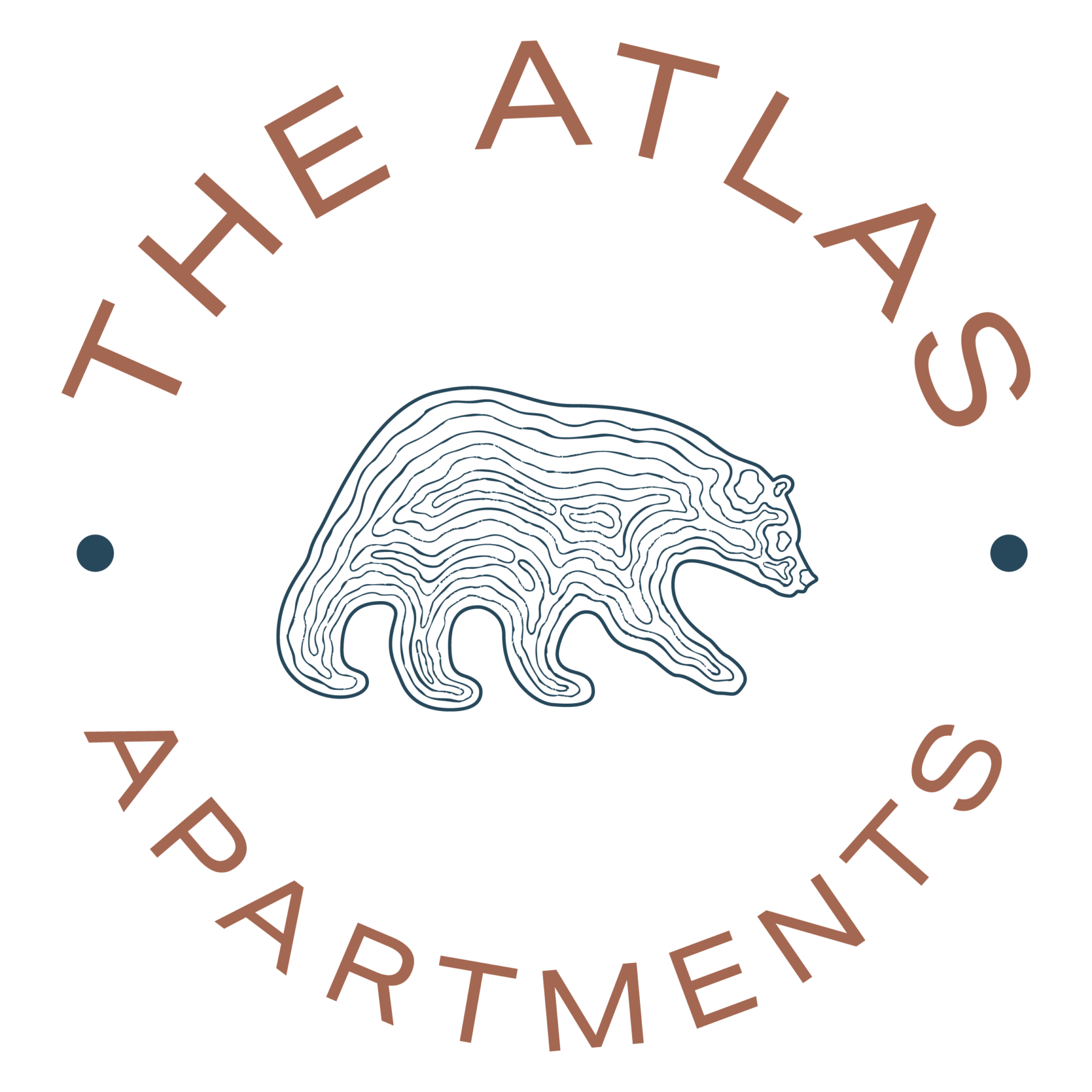 A logo for The Atlas Apartments features a stylized bear with contour lines, surrounded by the text THE ATLAS APARTMENTS in a circular layout—perfectly representing modern apartments in Herriman UT. Two small dots separate the upper and lower text.