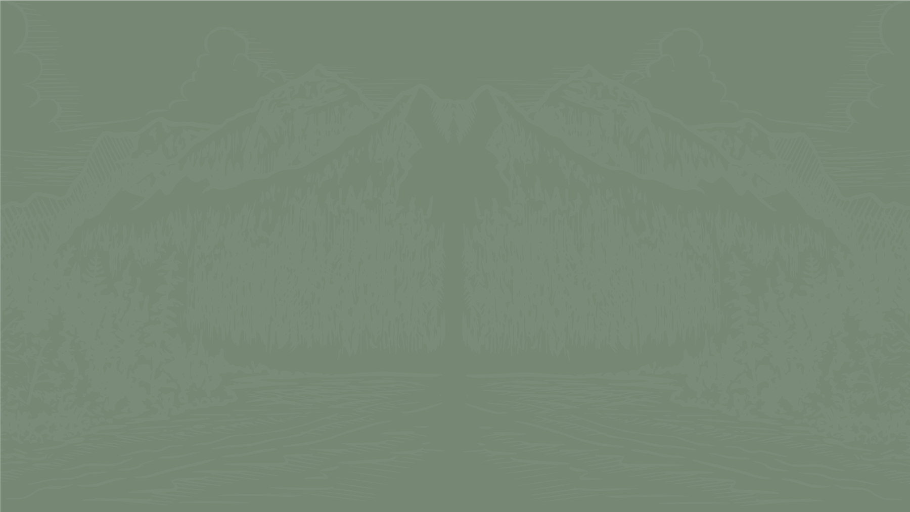 Line art illustration of mountains with snowy peaks, clouds in the sky, and a forest of trees reflected in a calm body of water below. The image is rendered in shades of green.